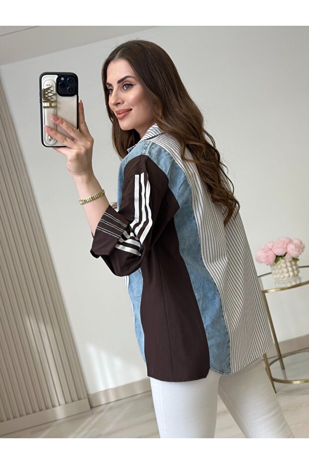 Design Jean Garnished Detailed Striped Shirt