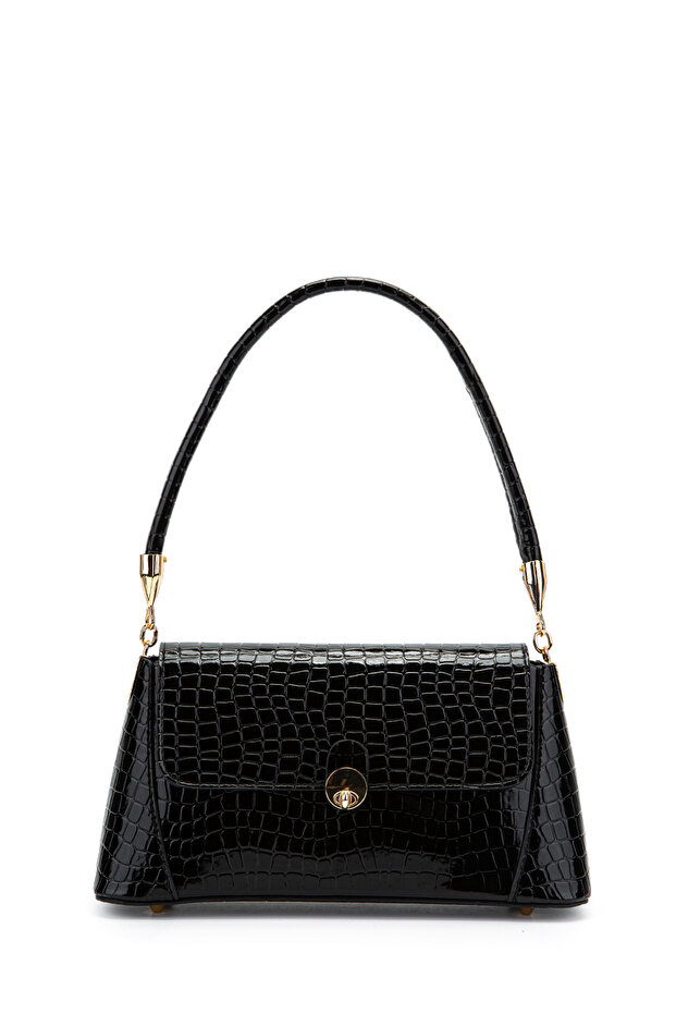 Clamshell Lock Detailed Baguette Women's Shoulder Bag Oslo Black Croco
