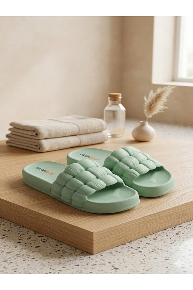 Akınal Bella Women's Mint Green Knitted Patterned Fluffy Thick Sole Home and Beach Slippers