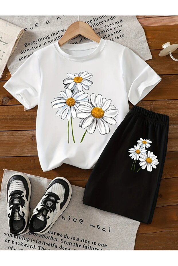 Summer Girl's Daisy Printed Top and Bottom Two-Piece Set