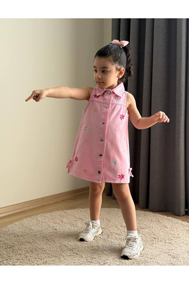 musab kids KIZ ÇOCUK NAKIŞ DETAY KOT DENİM ELBİSE