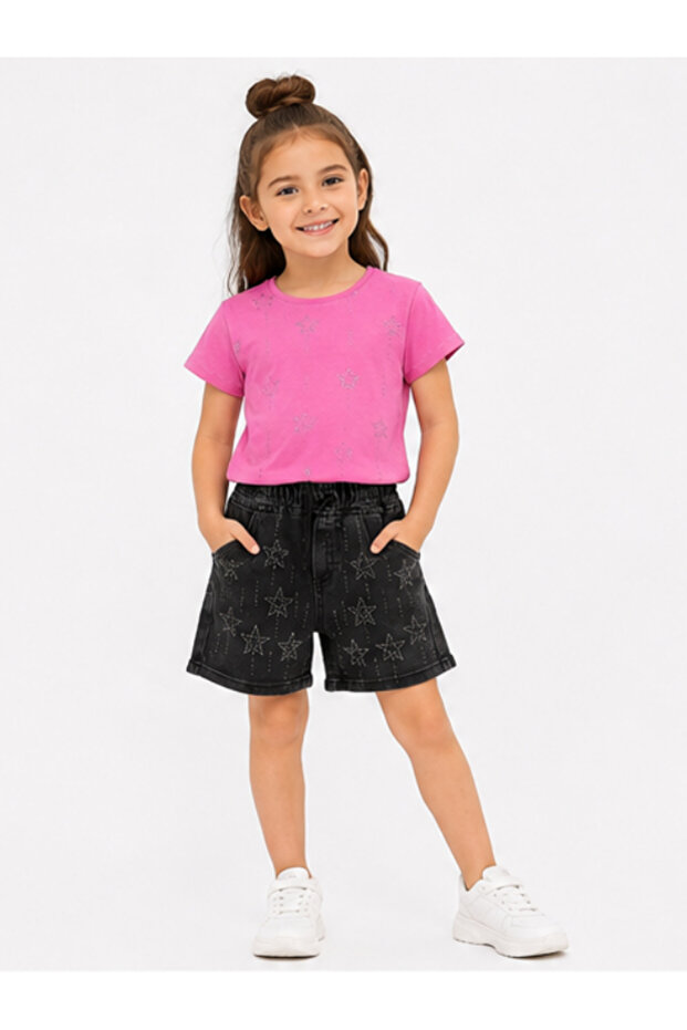Complete Star Stone-Decorated Denim Shorts Set