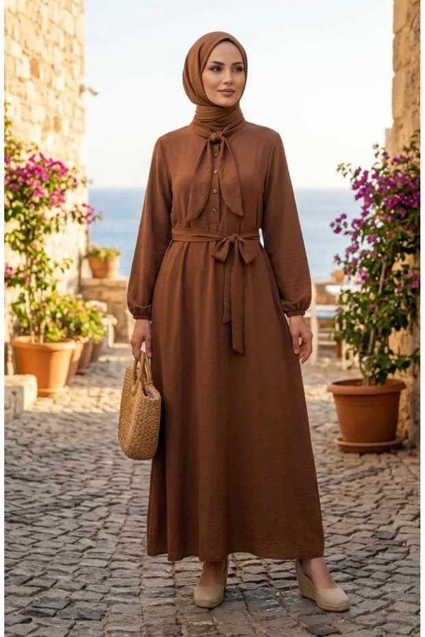 Scarf Collar Half Button Belted Dress 2262-06 Brown