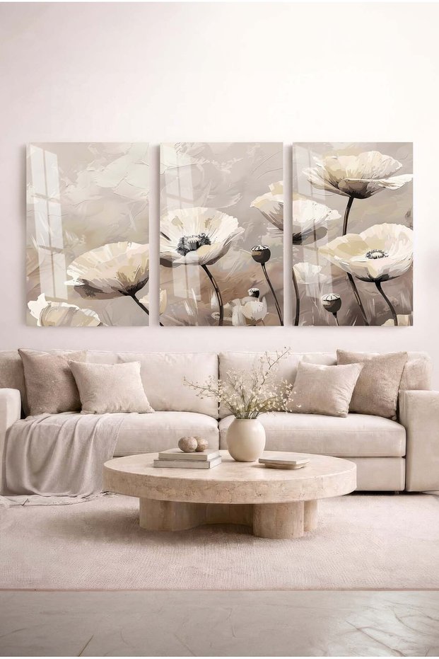 Modern Neutral Tone Cream Poppy Flowers 3-Piece Decorative Tempered Glass Painting Set Home and Office Painting