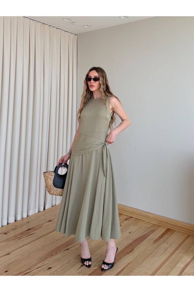 Khaki Belted Shawl Detailed Dress - 3421