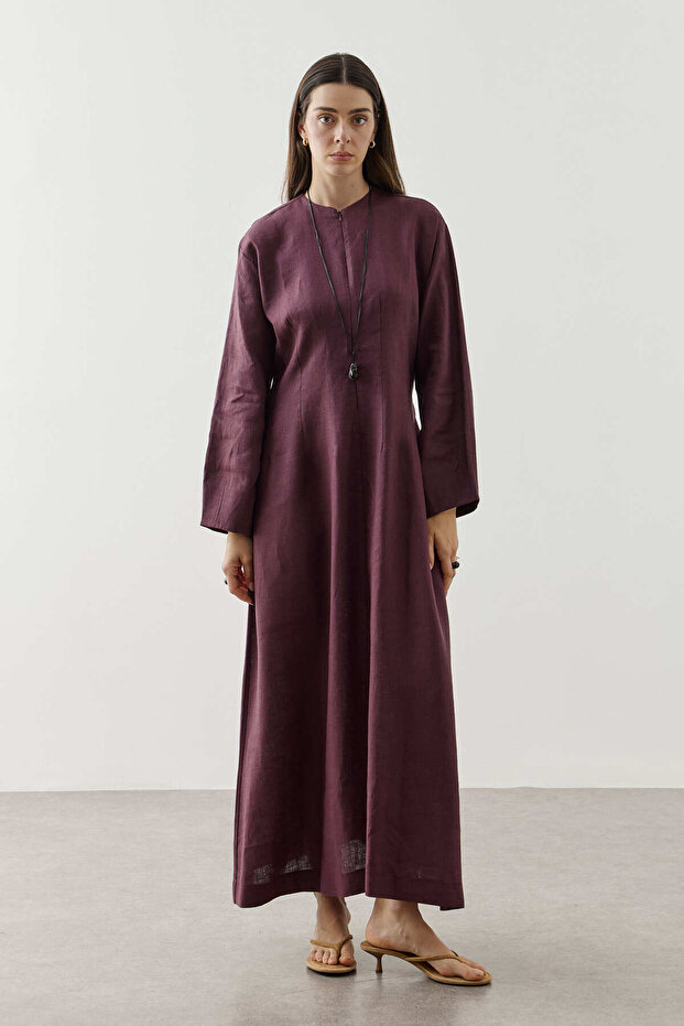 Linen Pleated Zipper Dress in Plum