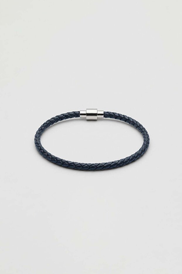 Unisex Thin Knitted Leather Bracelet Navy Blue