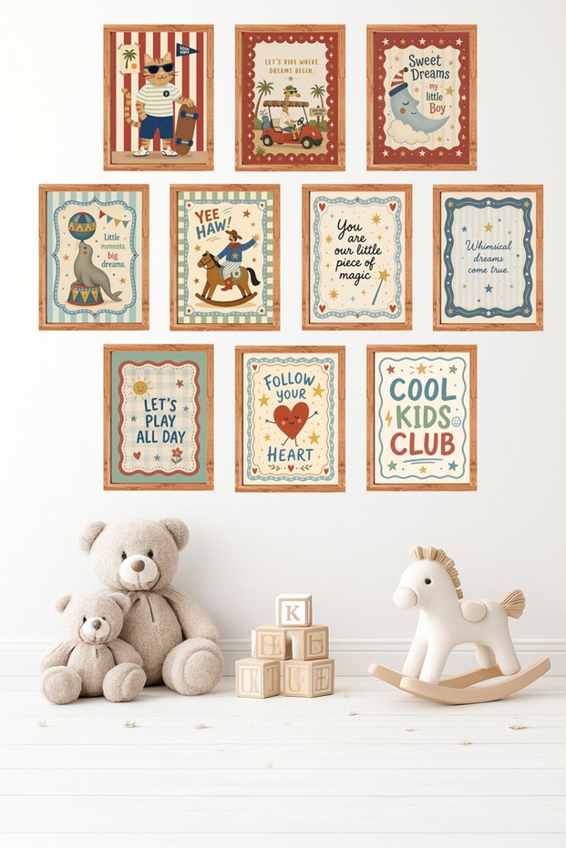 10-Piece Frame Look Pastel Set |   Baby Room |   Nursery, Minimalist, Vintage Painting Set 15X20 cm Mdf Uv Printing