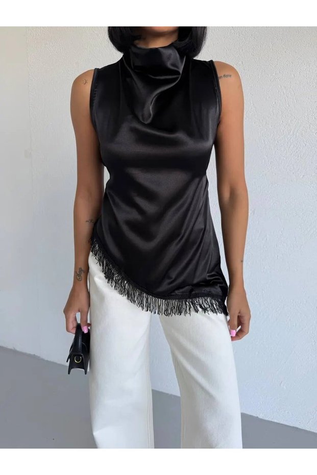 Women's Black Halter Neck Asymmetrical Cut Fringe Detail Satin Blouse Hzl26S-Fry123911
