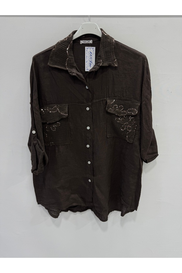 Women's Brown Italian Collar Sequin Embroidered Foldable Long Sleeve Oversize Linen Shirt 40 - 46 Size