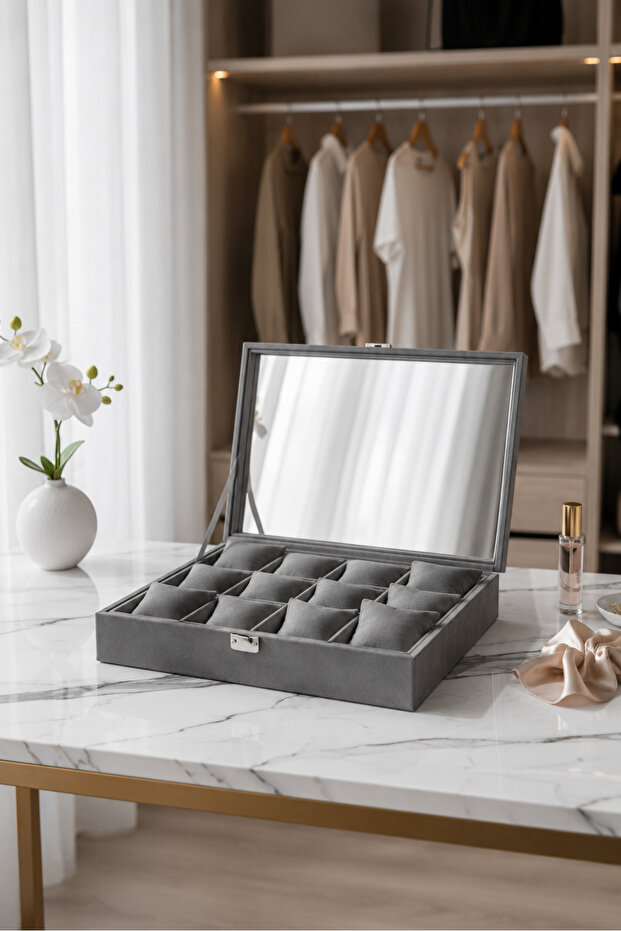 12-Compartment Mirrored Watch & Jewelry Box