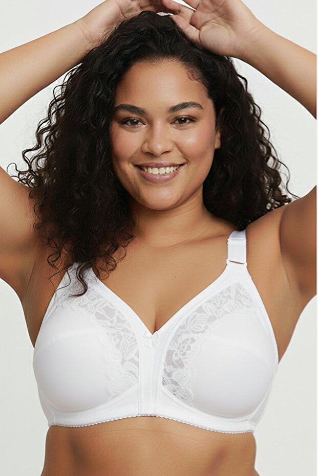 White Plus Size Premium Quality Women's Lace Gathering Bra C Cup - Comfortable Minimizer Wire Free Underwear Without Underwire and Sponge