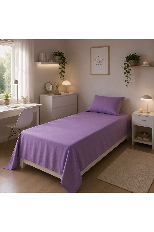 Single Non-Elastic Sheet Set 100% Cotton 160X240 cm Pillowcase Included Purple