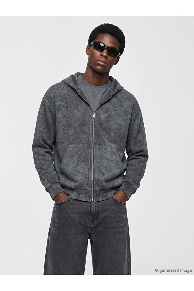 Vizyon New Season Oversize Hooded Men's Zippered Sweatshirt