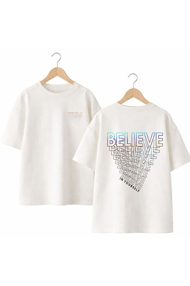 Believe Text Printed on the Back and Front Chest, 100% Cotton Oversize Loose Regular Fit Crew Neck T-Shirt