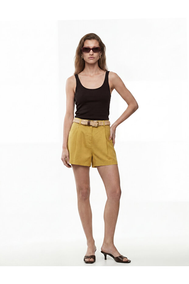 High Waist Linen Shorts with Belt Detail and Pockets