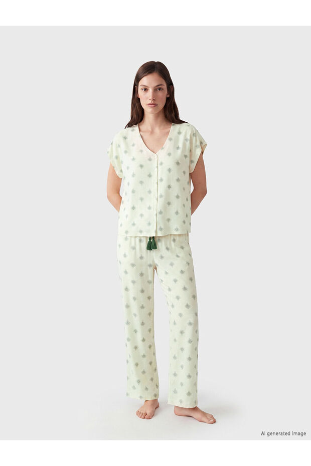 Vizyon New Season V-Neck Patterned Women's Pajama Set