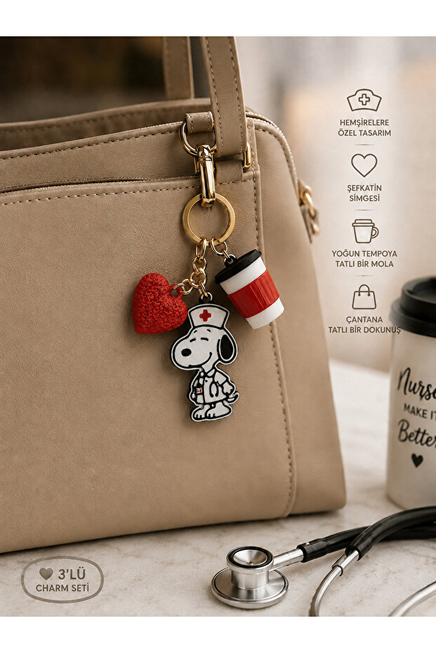 3-Piece Nurse Charm Keychain Set – Coffee, Heart, and Cute Character Figure - Stainless Premium Keychain