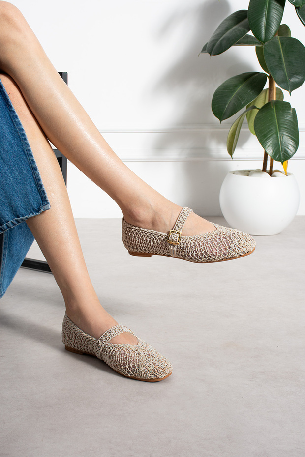 Beige Knitted Women's Ballerina Shoes Casual Summer Buckle Mesh Ballerina Shoes