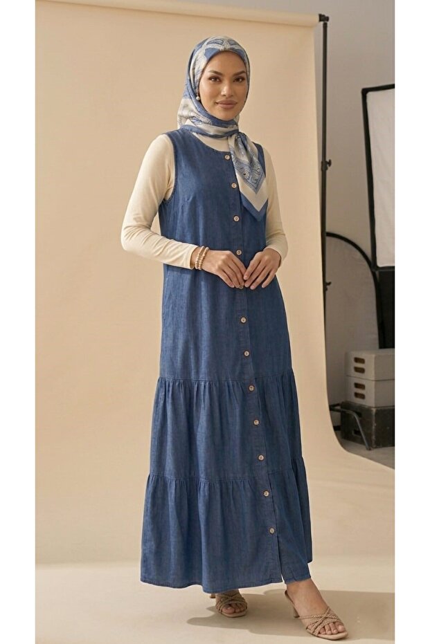 Women's Blue Layered Stitched Buttoned Denim Gilet Dress