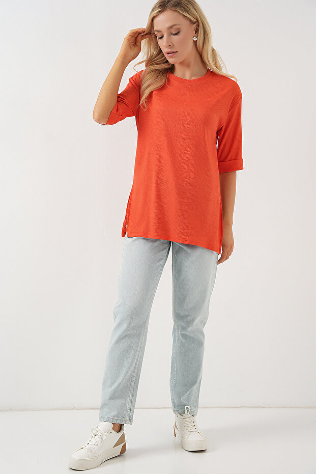 4332 Knitted T-Shirt with Side Slits - Orange