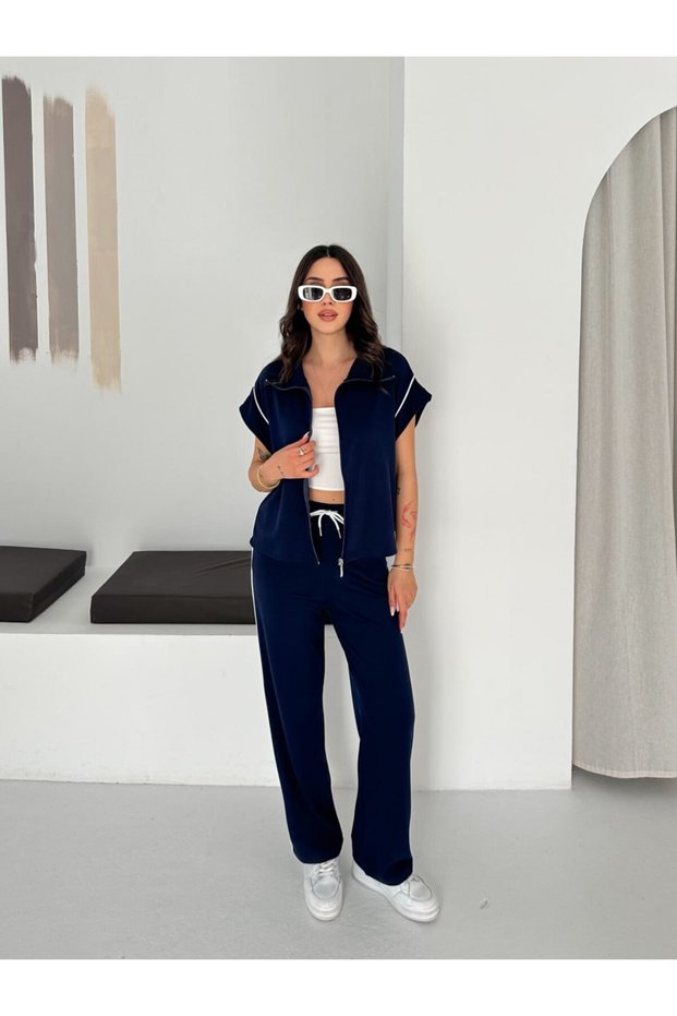 Women's Stripe Detailed Vest Suit with Zipper, Loose Cut, Wide Leg Pants and Top Set