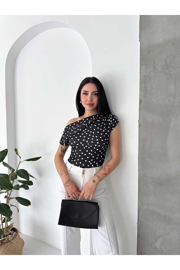 Asymmetric Collar Polka Dot Draped Blouse