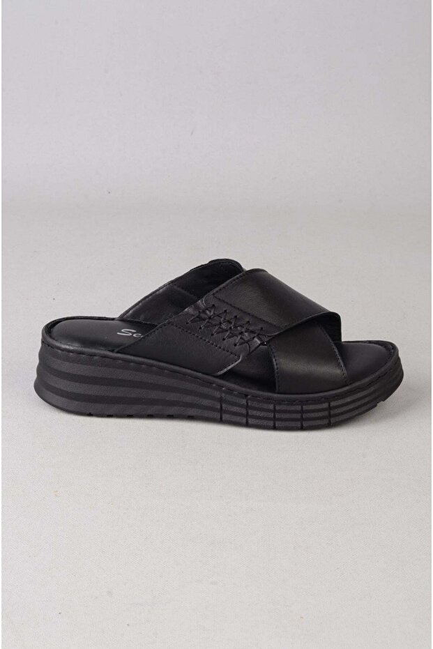 Seç Km43 Genuine Leather Anatomical Women's Slippers Black