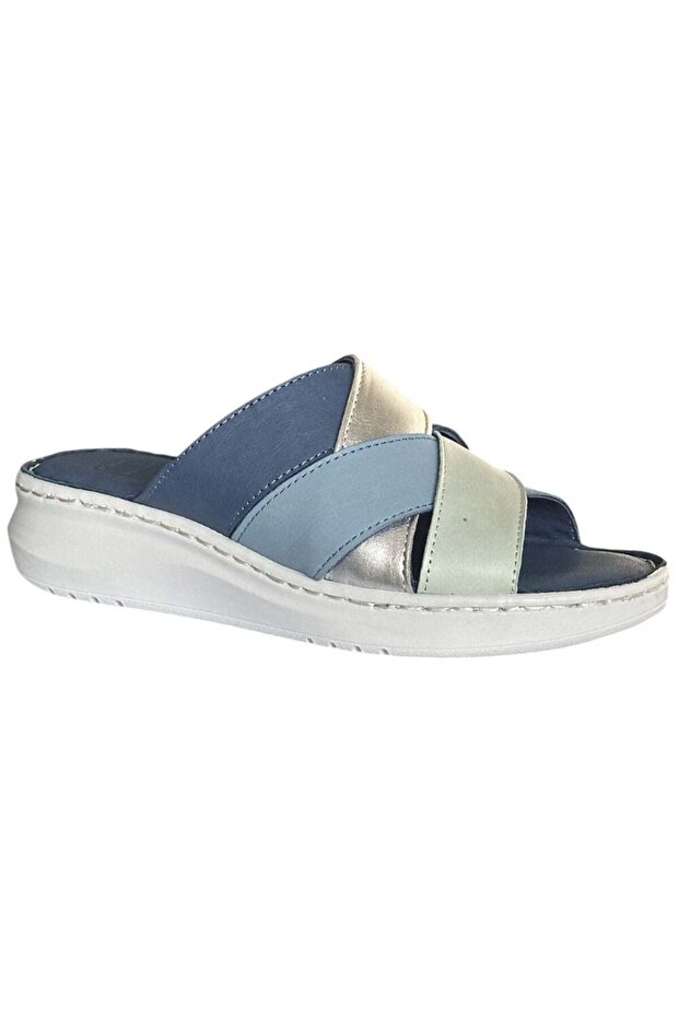 26Y Nbl08 Blue Women's Genuine Leather Daily Slippers
