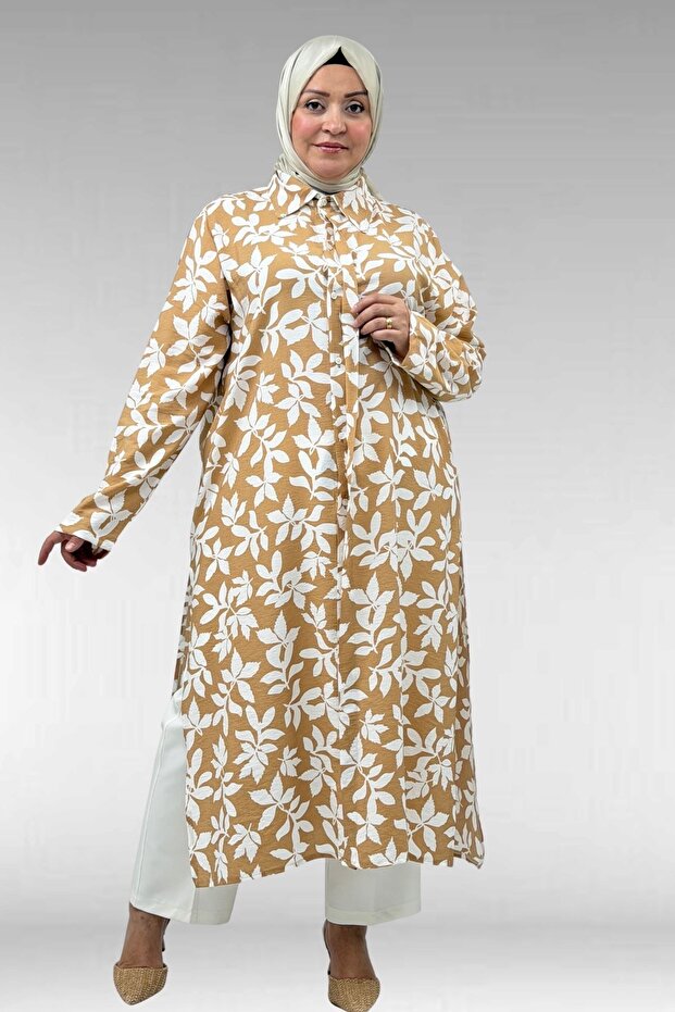 68045 Plus Size Mango Tunic with Curled Sleeves - Leaf Pattern Tan