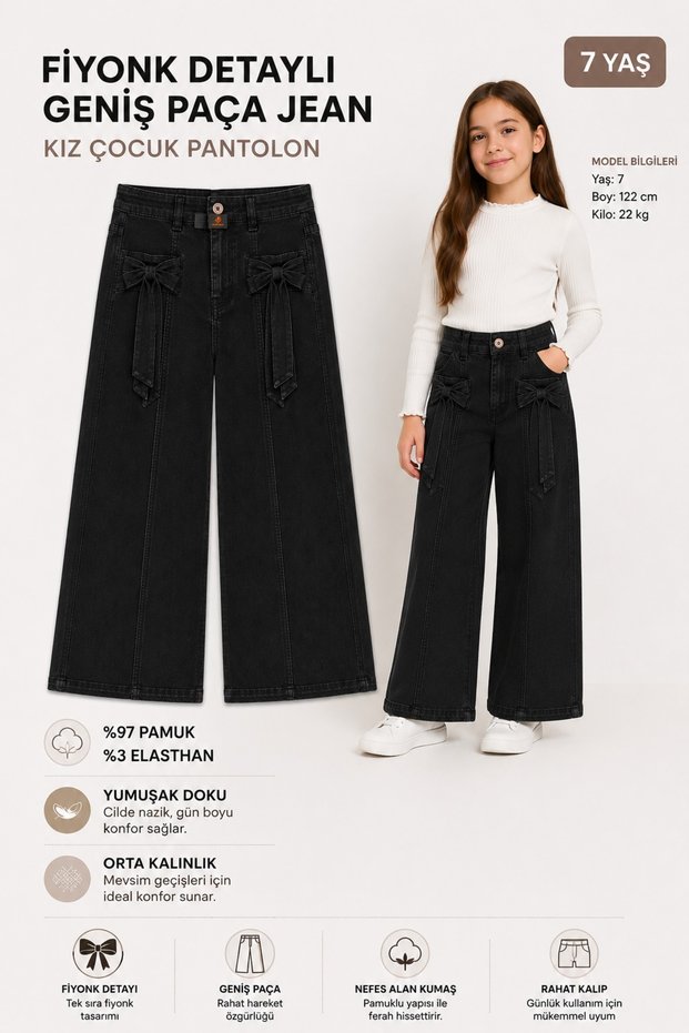 Wide Leg Lycra Girls' Jean Trousers with Bow Detail