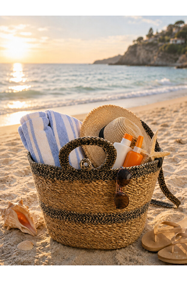 Wicker Beach Pool and Picnic Bag, Can Be Hanged on the Shoulder, Hard-Structured, Stylish Design, 45 cm