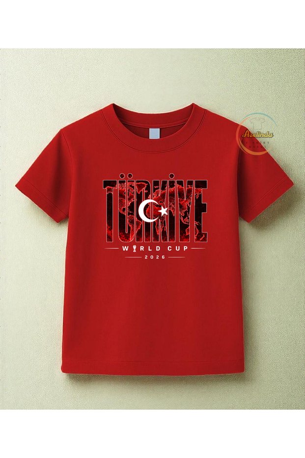 Fifa World Cup 2026 Turkey Written Red Children's T-Shirt - 100% Cotton Round Neck Unisex Tshirt