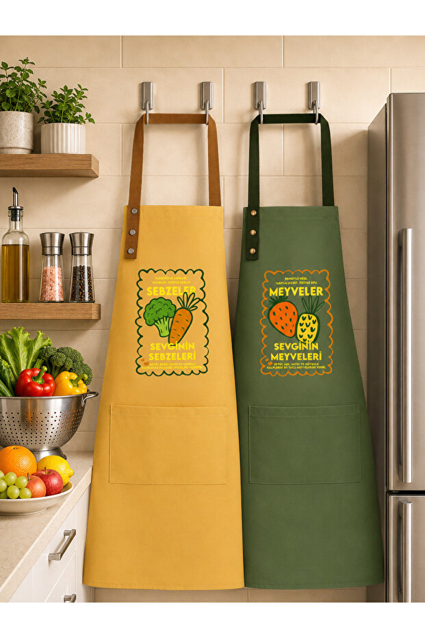 Kitchen Apron Set of 2 Stain-Resistant Water-Repellent Fabric Colorfast Print Fruit and Vegetable Patterned Double Kitchen Apron