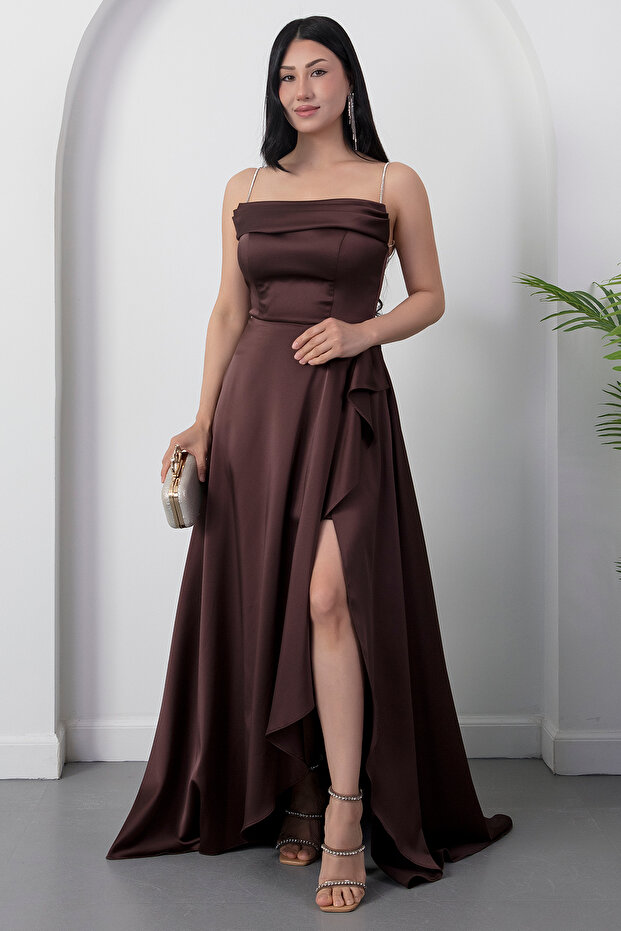 Strapless Neckline Rhinestone Straps Ruffle Satin Dress Drp582
