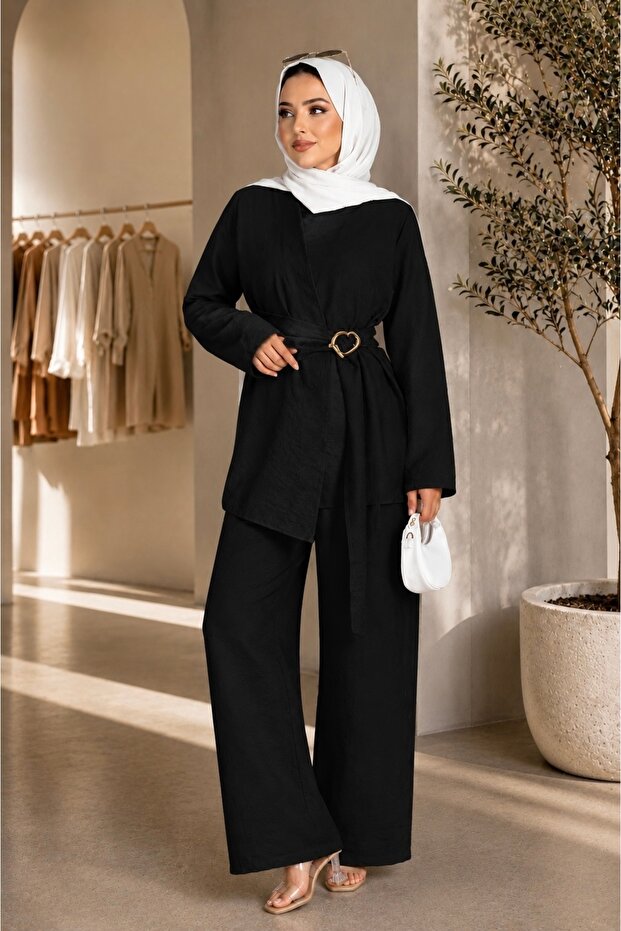 Women's Gold Accessory Detailed Tunic Pants Double Hijab Set Sb0037