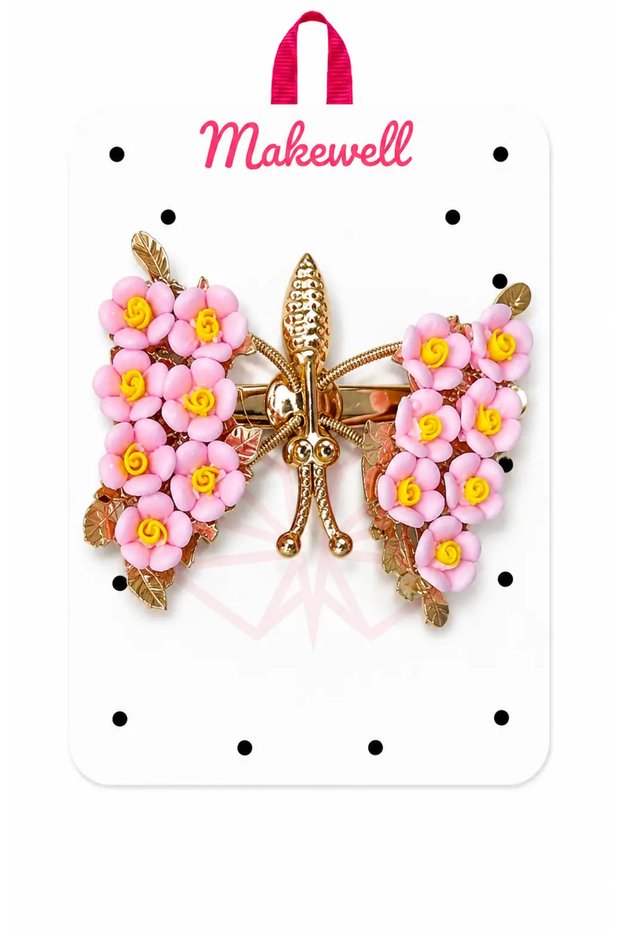 Pink Flower Detailed Automatic Clasp Hair Clip – Gold Metal Large Size Hair Clip for Women & Girls