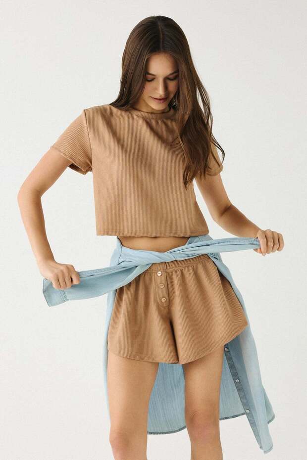 Modern Textured Corduroy Shorts Set 9159 Brown
