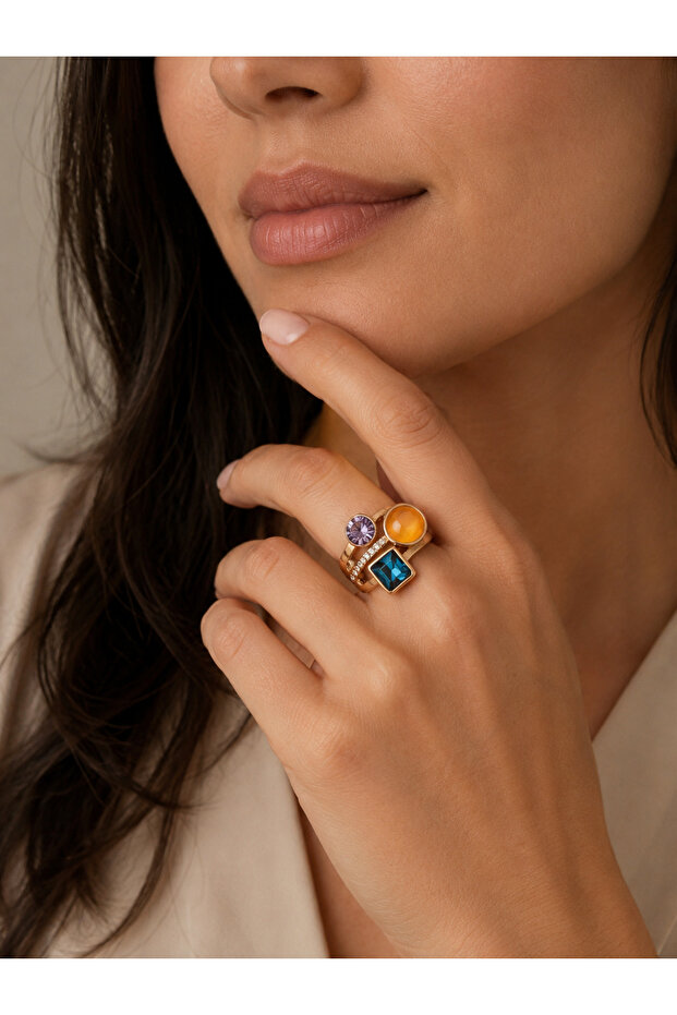 Petrol Blue Purple Yellow Stone Adjustable Stylish Ring
