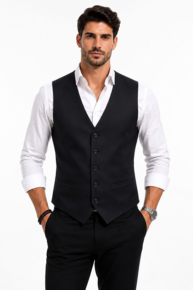 Men's V-Neck Vest Black Matte Satin 54219