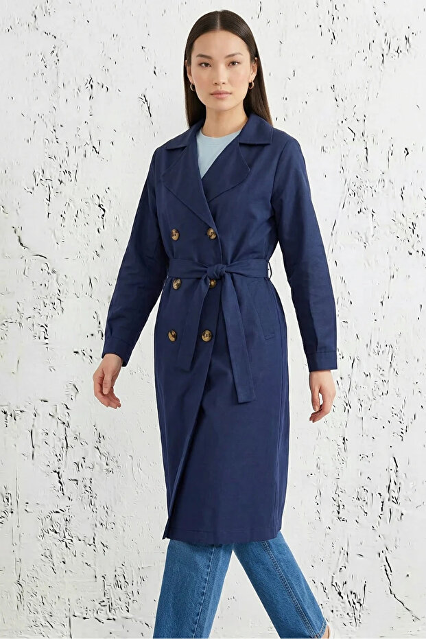 Women's Double-Breasted Collared Belted Navy Blue Trench Coat