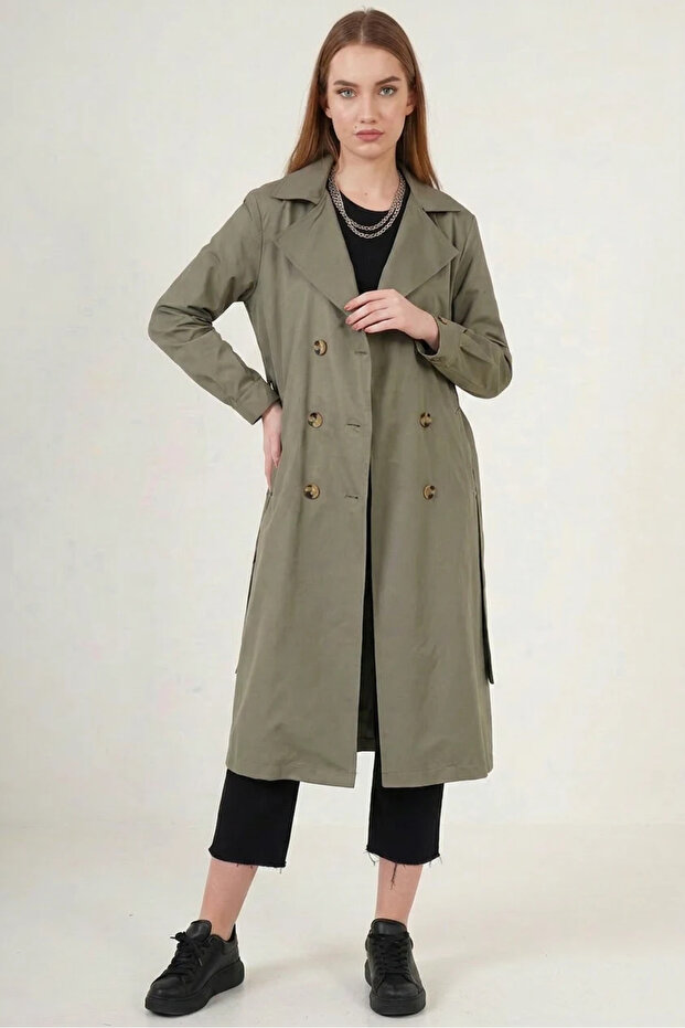 Women's Double-Breasted Collared Belted Green Trench Coat
