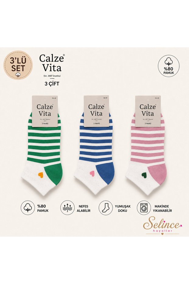 Women's Striped and Hearted Ruffled 3-Piece Socks Green, Blue, Dusty Rose