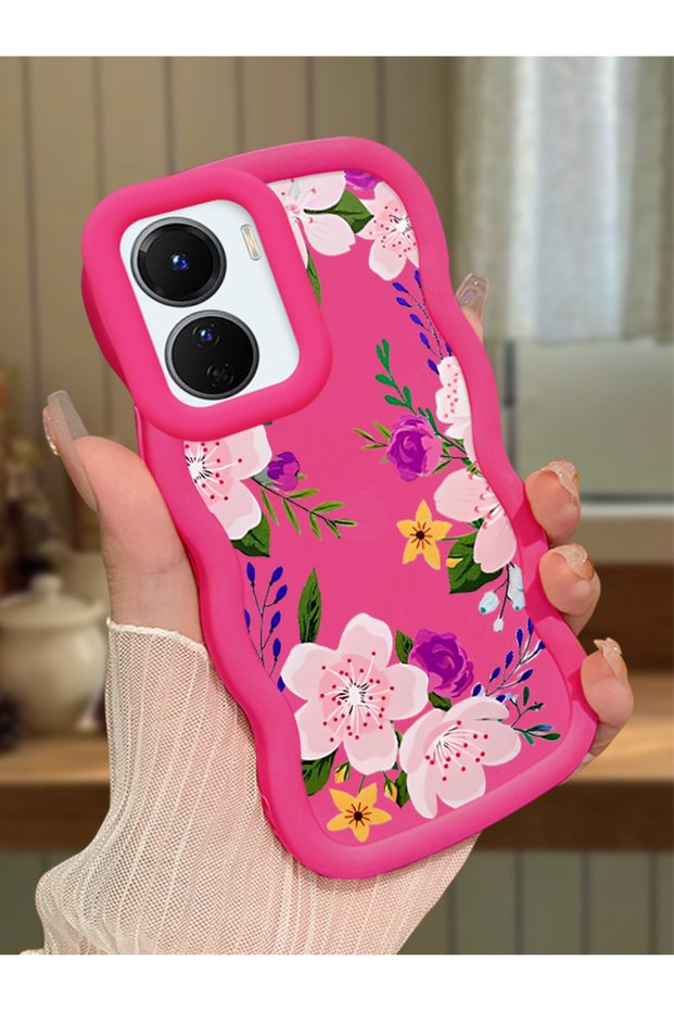 Vivo Y16 Compatible Case Camera Protector Red Silicone Couple Phone Case Floral Pattern