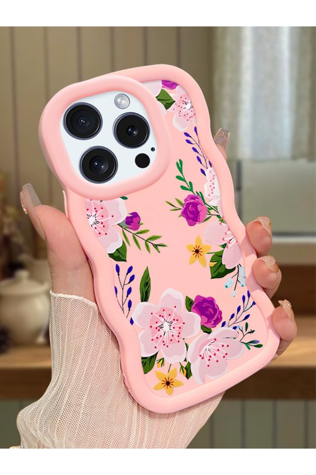 iPhone 16 Pro Compatible Case with Camera Protection Pink Silicone Couple Phone Case with Floral Pattern