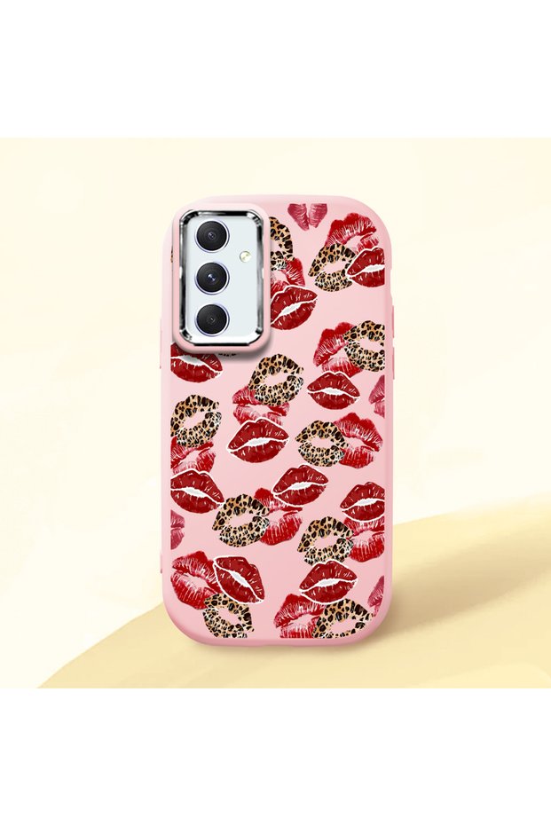 Samsung Galaxy A54 Compatible Case with Camera Protection Pink Silicone Couple Phone Case with Kiss Pattern