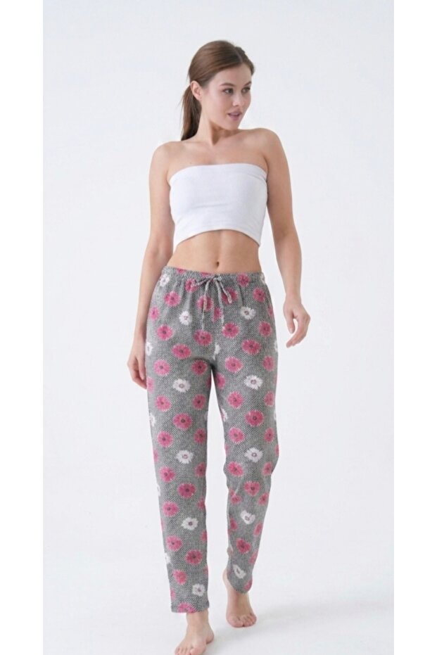 Gray Daisy Patterned Summer Breathable Cotton Women's Pajama Bottoms