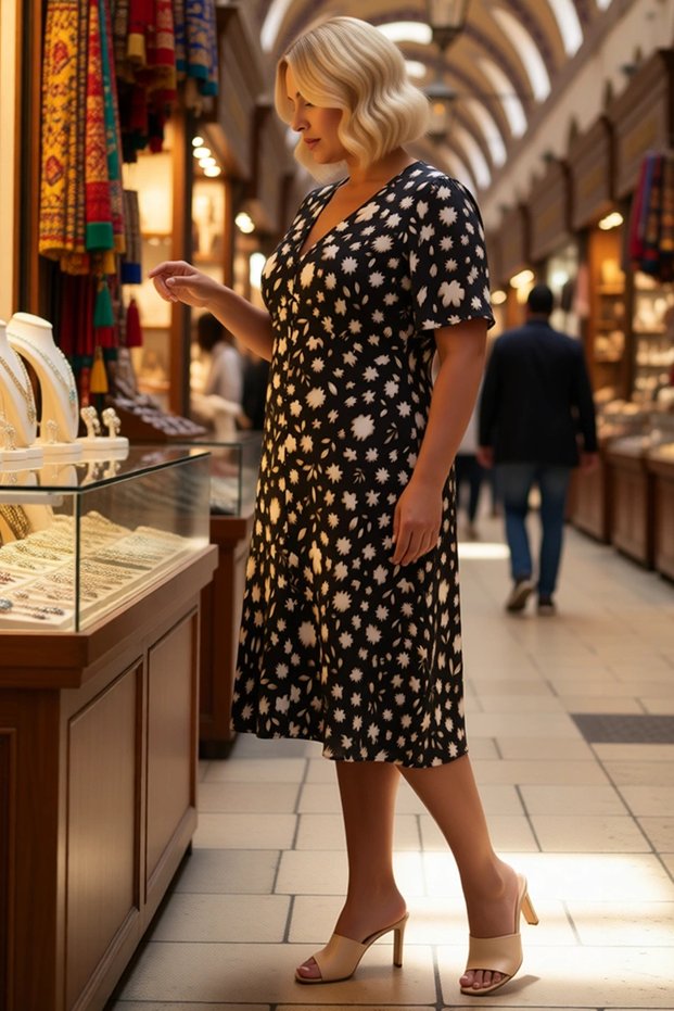 Women's Plus Size V-Neck Angel Sleeve Floral Woven Shirt Dress Midi Length Relaxed Fit Casual Modern