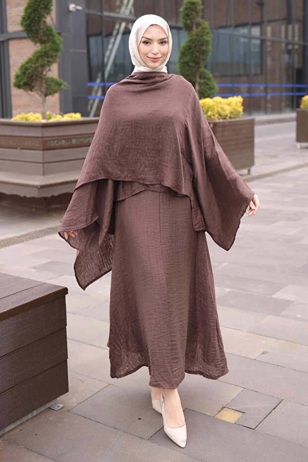 Brown Shawl Detailed Skirt Suit