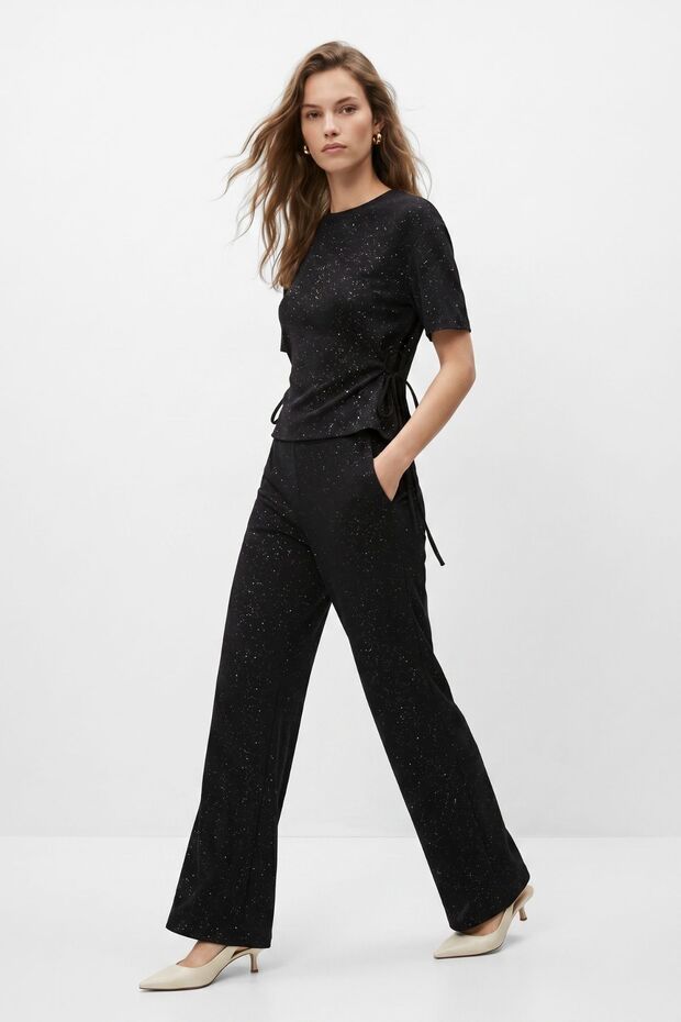 Black Tie-Down Blouse and Pocketed Wide-Leg Glitter Pants Set 2893